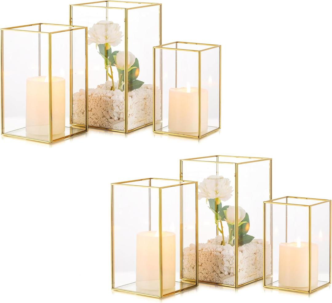 Glass Hurricane Candle Holder: 6 Pcs Gold Large Rectangular Hurricane Candleholder Lantern Centerpieces for Tables Glass Decorative Lantern Candle Holder for Wedding Christmas Home Decor (6.5 & 8 & 9.5 inch H-6 Pcs, Gold)