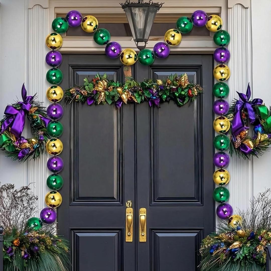 9.84ft Jumbo Mardi Gras Beads Garland Decoration Metal Gold Green Purple Hanging Banner for Outdoor Indoor Carnival Parade Party Front Door Fence Wagon Garden Decorations(Classic Style)