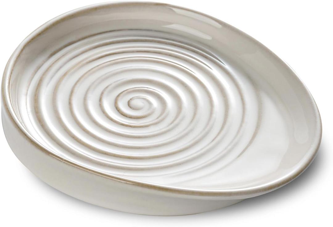 Ceramic Spoon Rest for Stove Top, Spoon Holder for Kitchen Counter, Farmhouse Cooking Utensil Holder for Spoons, Ladles, Spatula, Glazed White