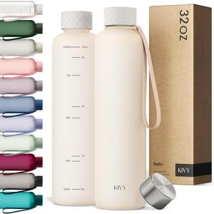KIVY Slim Water Bottle 32oz [Lightweight & Shatterproof] Fits Backpack & Cupholder for Travel, Sports, School - Beige water bottle no straw - Cute aesthetic water bottles screw top - Dishwasher Safe