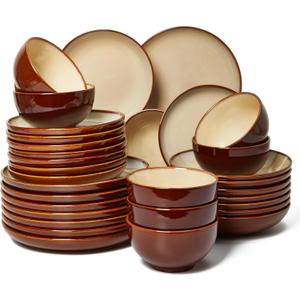 32 Piece Double Bowl Dinnerware Sets with Pasta Bowls, Highly Chip and Crack Resistant Plates and Bowls Sets, Natural Earthyware Ceramic Dishware Sets, Service for 8 Brown Yellow
