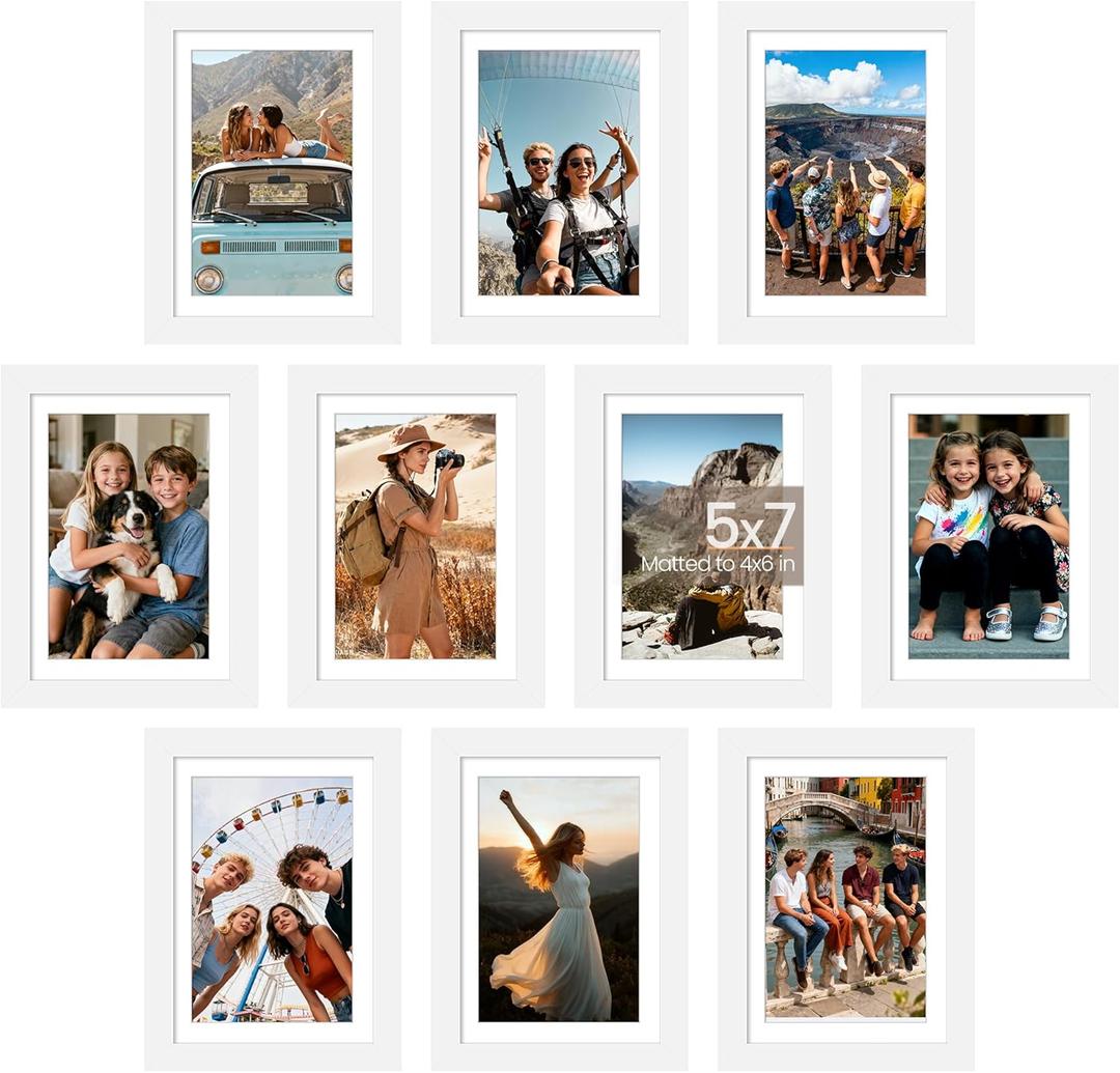 upsimples 5x7 Picture Frame Set of 10, Display Pictures 4x6 with Mat or 5x7 Without, Multi Photo Frames Collage for Wall or Tabletop Display, White