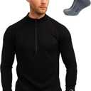 Merino Wool Base Layer Mens - Wool Half Zip Sweater Men - Merino Quarter Zip Sweater Lite, Midweight, Heavyweight and Socks (Small, 250 Black)