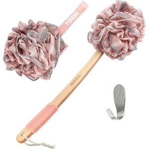 Toem Loofah Back Scrubber for Shower | Bamboo Charcoal Fiber Infused | Loufas for Men & Women | Includes 1 Long Handled Shower Sponge, 1 Bath & Shower Luffa Pouf & 1 Hook to Hang Stuff (Rose Pink)