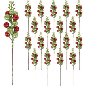 DIYASY Artificial Berry Stems, 20 Pcs Glitter Christmas Tree Picks Xmas Branches Filler Holiday Wreath Garland Decorations Home Dcor Red and Green 7.8 Inch