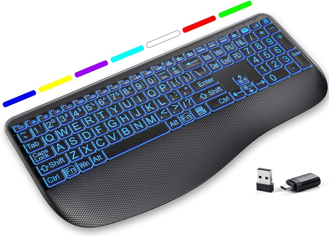 Large Print Wireless Backlit Keyboard Rechargeable Quiet Low-Profile Keys, 7-Color Light up with Memory Setting, Ergonomic Full Size with Extra-Large Wrist Rest for Computer/Laptop Windows, Black