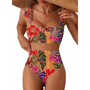 Herseas Women's Tie Shoulder Bikini Sets 2 Piece Striped Swimsuits High Waisted Bathing Suits (M)
