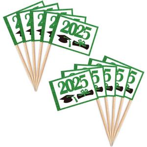 2 x ZXvZYT 2025 Graduation Cupcake Toppers Small Mini 2025 Graduation Cap Toothpick Stick Flags - Diploma Grad Theme Party Cake Cocktail Fruit Decoration(Green 100 Pcs)