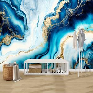 Peel and Stick Wallpaper Blue Gold Marble Watercolor Abstract Blue White Gold Marble Wall Mural Modern Contact Paper Removable Self Adhesive Wallpaper for Living Room Bedroom Furniture (69" x 98")