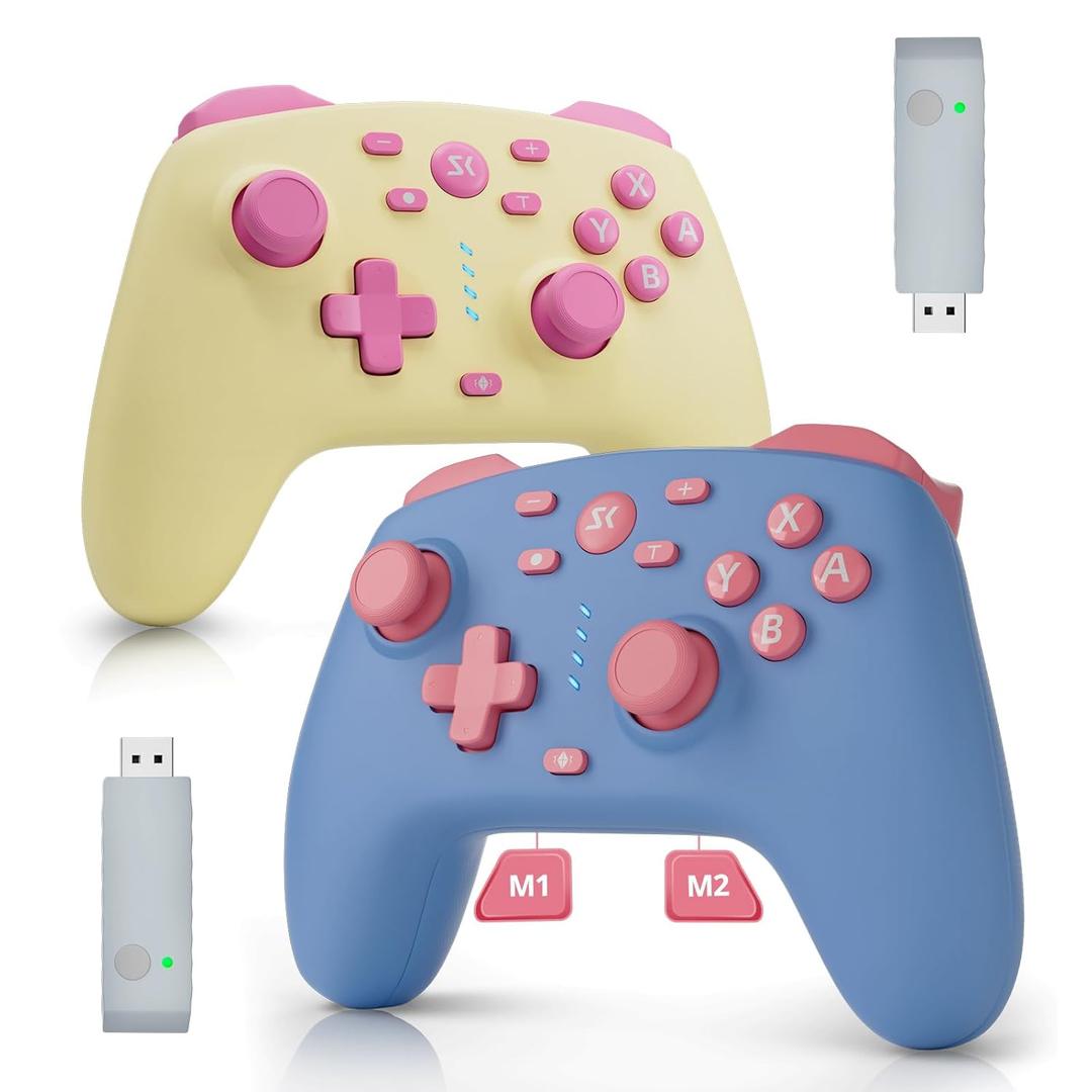 Wireless Switch Controller for Switch/Lite/OLED/Switch 2, Hall Effect Triggers & Joysticks/Wake-Up Function/Turbo, Switch 2 Controller with 2.4G Adapter/2 Macro Buttons, Switch 2 Pro Controller 2 Pack (Yellow&Blue)