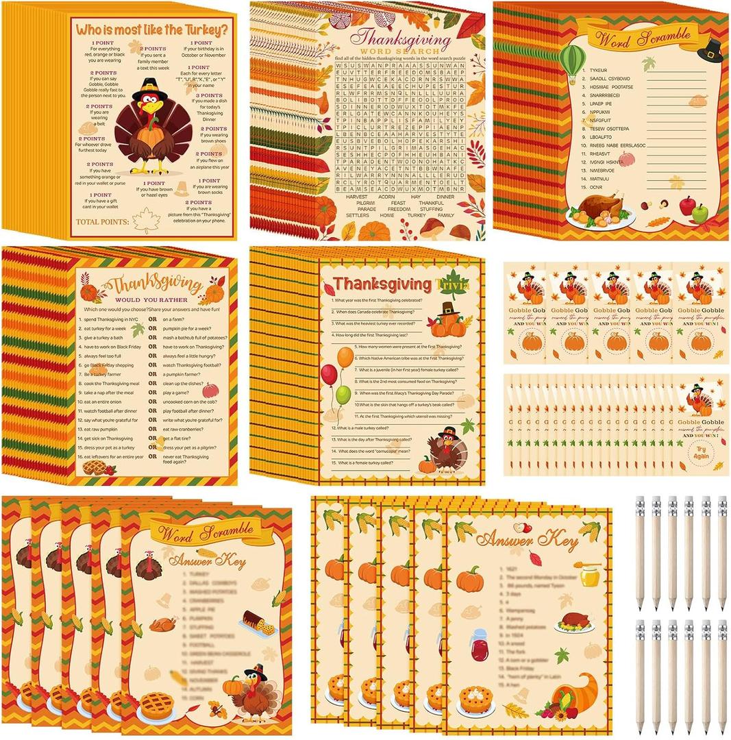 Harloon 172 Pcs Thanksgiving Games Set Thanksgiving Party Games with Pencils for Family Adults Turkey Fall Pumpkin Word Search Scramble Trivia Game Autumn Holiday Activities Party Favors Supplies