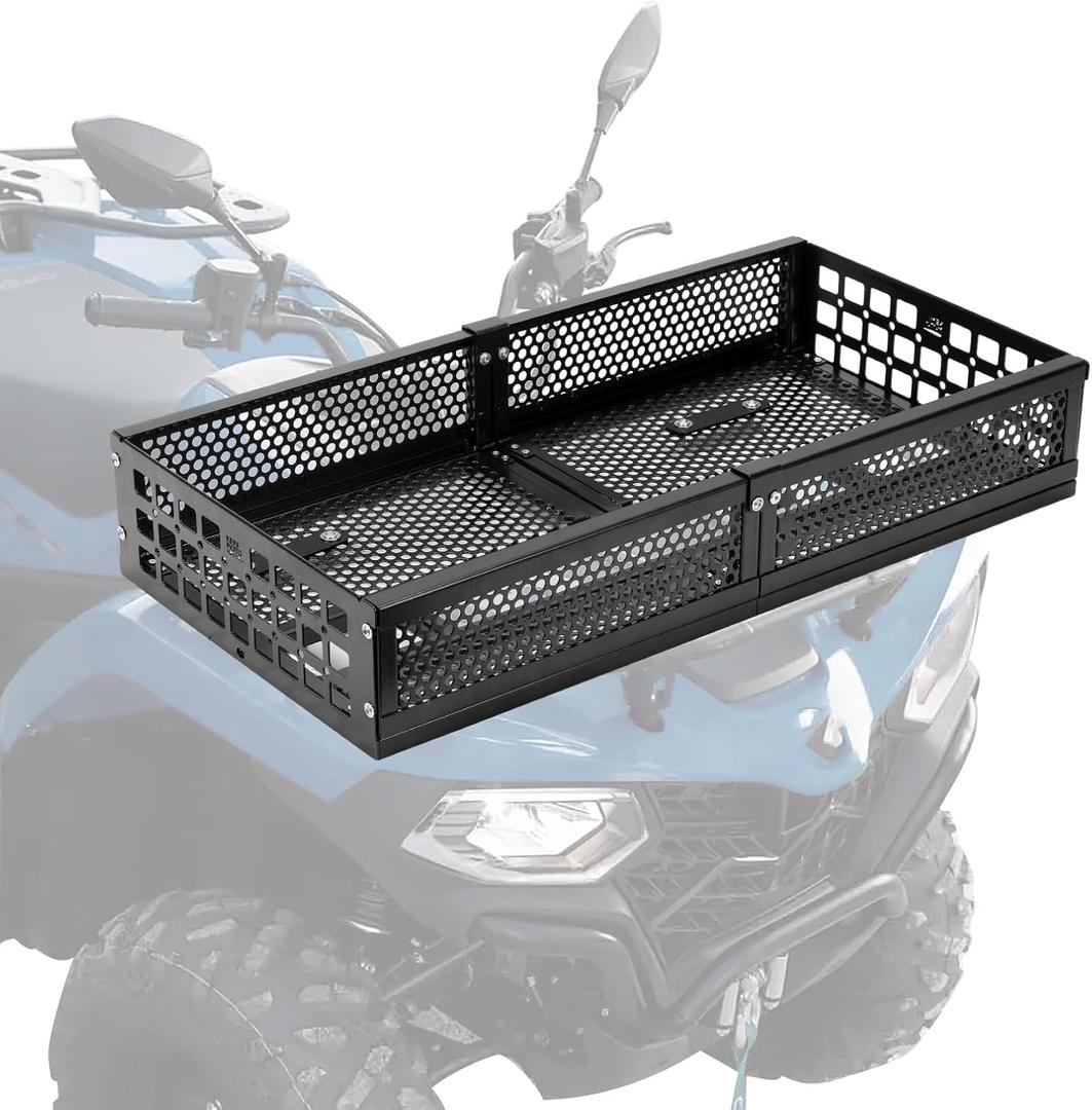 KEMIMOTO ATV Front Cargo Basket, ATV Front Rack Basket with Steel Mesh Surface, ATV Luggage Carrier Compatible with Grizzly Fourtrax Kawasaki, Universal for Golf Cart Tractor 33.3" L x16.7 W x5.8 H