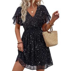 Womens Summer Ruffle Short Sleeve Dress V Neck Flowy Chiffon Layers Boho Dresses (M)