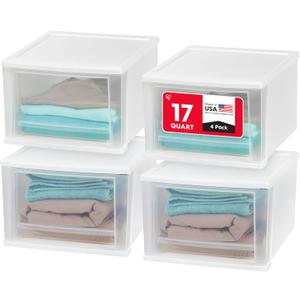 IRIS USA 17 Qt. Medium Plastic Stacking Drawer, Stackable Storage Organizer Unit with Sliding Drawer for Bedroom Kitchen Under Sink Pantry Craft Room Dorm Office, White, 4-Pack