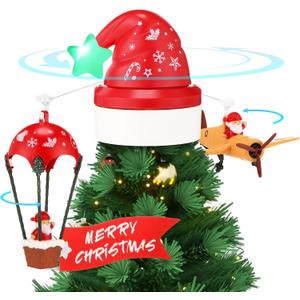 Realspring Christmas Animated Tree Topper with Santa's Hot Air Balloon and Plane with Banner Funny Christmas Tree Decoration
