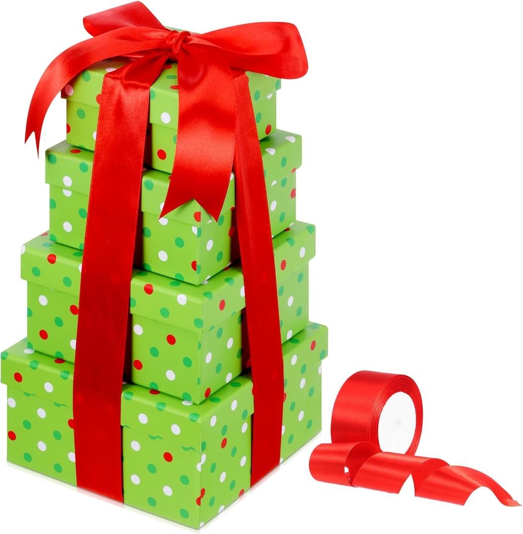 Clabby 4 Pcs Nesting Gift Boxes with Lids, Square Stacking, Assorted Sizes Decorative Boxes with Ribbon for Presents for Birthdays Christmas Mother's Day DIY(Polka Dot,Lime Green)