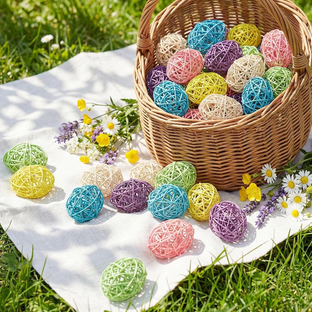 RoundFunny 24 Pcs Pastel Rattan Eggs Ball Egg Vase Bowl Tray Filler Farmhouse Rustic Woven Decorative Eggs for Home Party Table Centerpiece Decorations Favors Celebrations