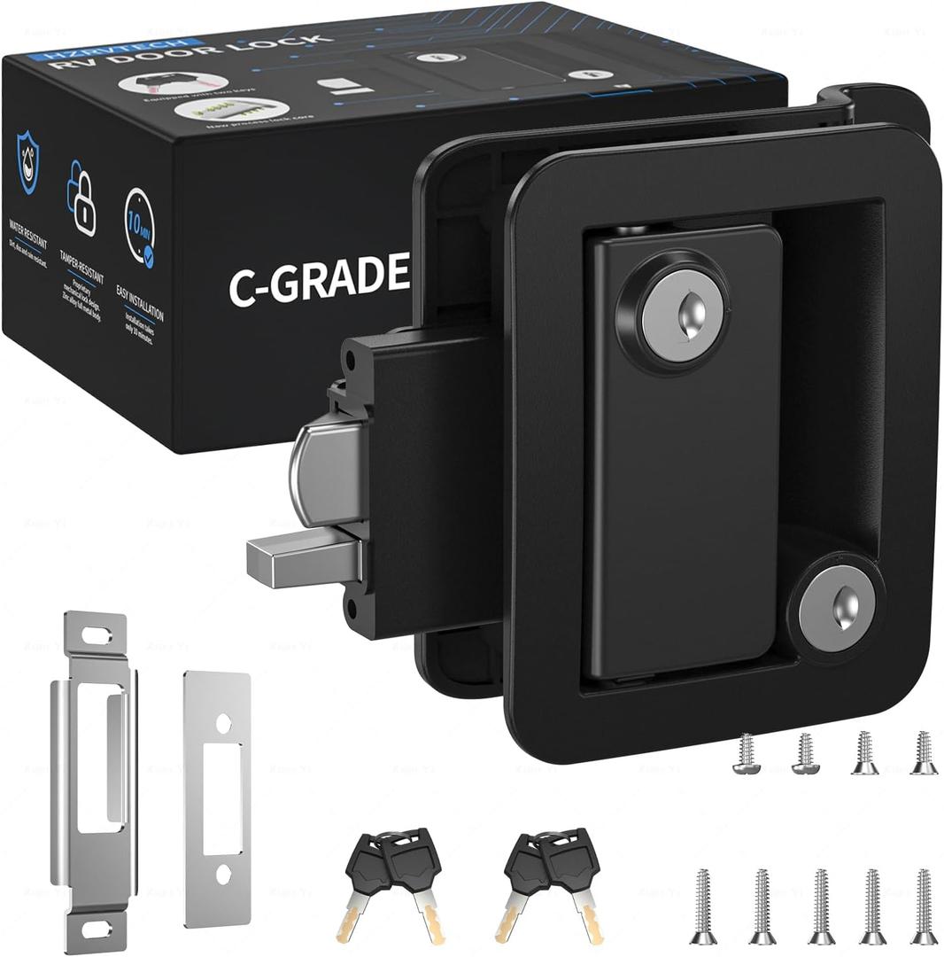 RV Door Lock Replacement with Paddle Latch, Black Camper Door Lock for Travel Trailers and Enclosed Trailer, Includes 4 Keys