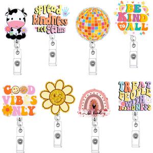 Remuuly 8 Pcs Cute Nurse Badge Reel Retractable Glitter Cow Daisy Smile Face Pink Bow Girly Funny Nurse Accessories Name Tag ID Clip Holder for Office School Hospital Teacher(Retro)