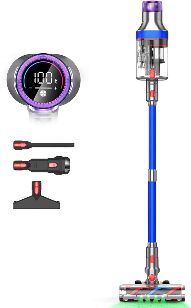 Cordless Vacuum Cleaner, 65-Mins/600W/48KPa Powerful Suction,Double-Cups Vacuum Cleaner for Home, 8-in-1 Touch Screen Stick Vacuum Cordless Rechargeable,Ideal for Pet Hair, Carpet, Hard Floor (Blue)