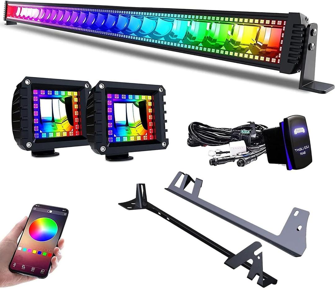 RGBW LED Light Bar 52Inch 300W Flood Spot Combo 2x 4Inch Flood RGB LED Pods w/ 16 Solid Colors Chasing Ring Changing with Strobe Flashing + Upper Windshield Mounting Brackets Fit Wrangler JK 2007-2018
