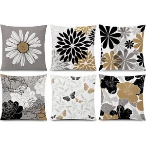 COMMINY Brown Black Pillow Covers 16x16 Set of 6, Daisy Flower Throw Pillow Cover Case Rustic Square Cushion Cover for Sofa Bedroom Living Room Farmhouse Home Decor