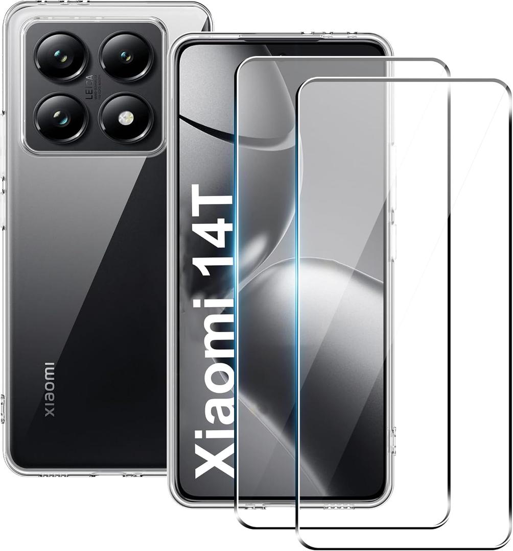 2 x for Xiaomi 14T Case with [2 Pack] Tempered Glass Screen Protector, (Clear TPU) Shockproof Bumper Cover Anti-Scratch Protective Slim Thin Crystal Phone Case for Xiaomi 14T