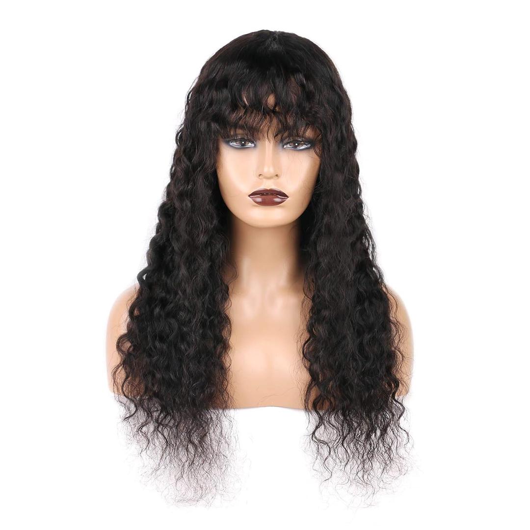 huarisi 24 Inch Water Wave Human Hair Wig with Bangs, 10A Virgin Brazilian Hair, 150% Density Long Curly Wig for Black Women (Machine Made Natural Color)
