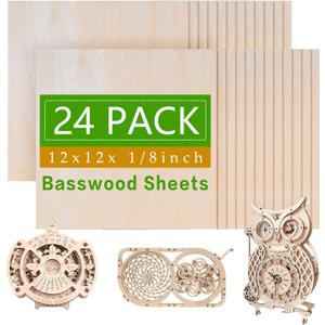 24 Pack Basswood Sheets, 12 x 12 x 1/ 8 Inch, 3mm Basswood Plywood Sheets with Smooth Surfaces, Unfinished Wood for Laser Cutting, Wood Burning, Drawing, Architectural Models and DIY Wood Crafts(24)