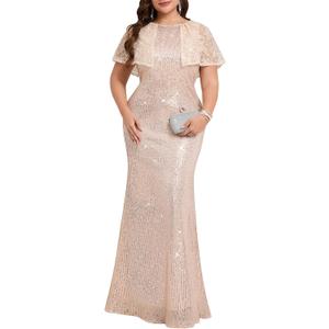 Cololura Women Sexy Elegant Sequin High Split Ruffled Hem Mermaid Party Cocktail Bodycon Formal Evening Gowns Maxi Dress (XX-Large, Apricot)