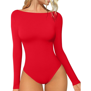 OQQ Bodysuits for Women Boatneck Long Sleeve Basic Stretch Classic-Fit Tops Sexy Bodysuit M