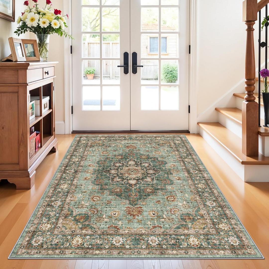 3x4 Area Rugs for Living Room: Perfect for Bedroom Kitchen Kids Room Nursery - Stain & Water Resistant Non-Slip Pet & Child Friendly Vintage Carpet (Green, 3x4)