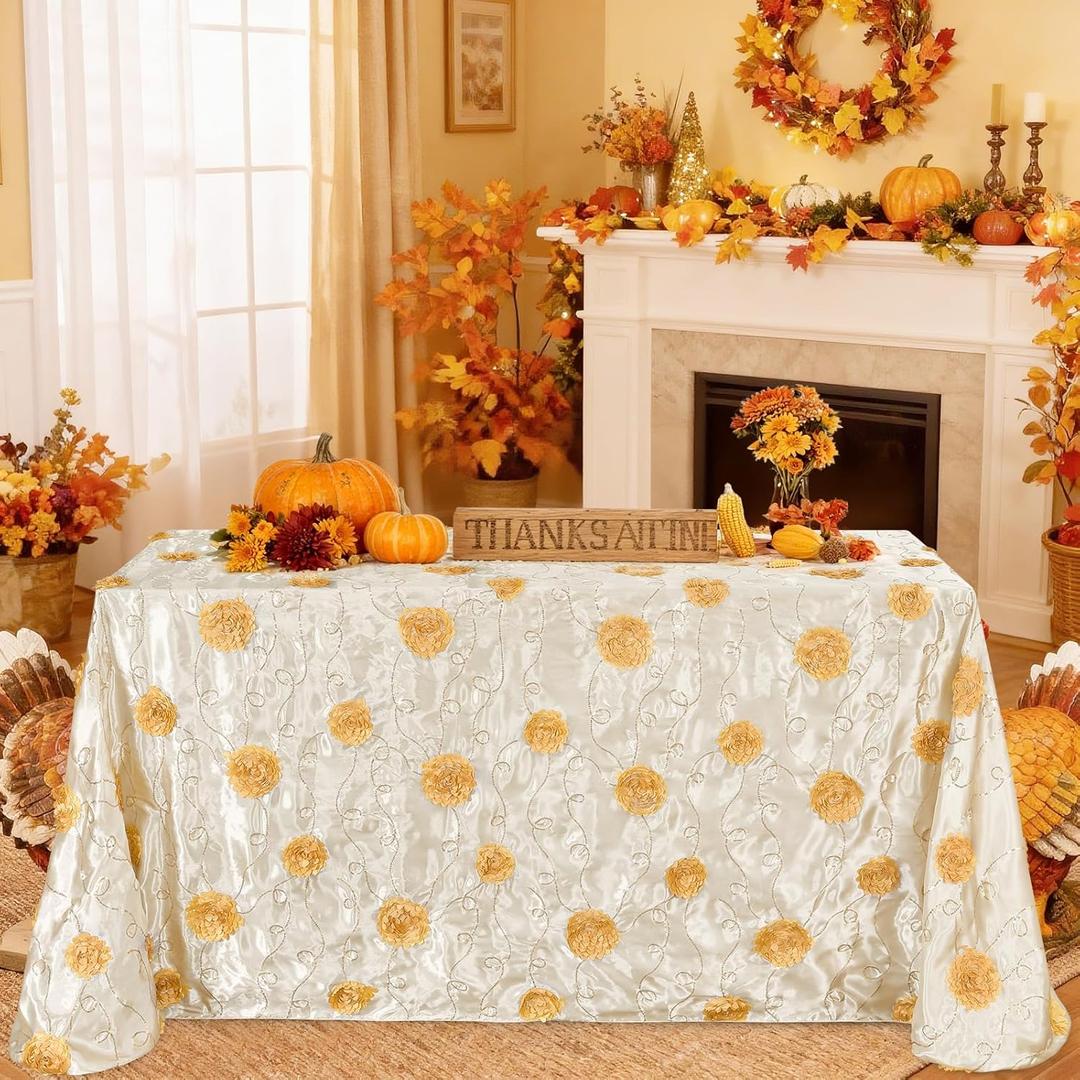 Fanqisi Rectangle Tablecloth Raised Rosette Vintage Satin Tablecloths Birthday Table Cover for Wedding Anniversary Outdoor Ceremony Party Decorations,90"x132" (Gold)