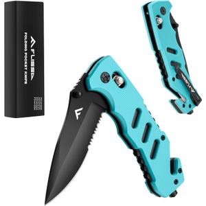 FLISSA Folding Pocket Knife with Clip, Glass Breaker and Seatbelt Cutter, Survival Knife for Emergency Rescue Situations, EDC Knife for Tactical, Hunting, Camping, Outdoor, Unique Gifts for Dad, Father-Blue