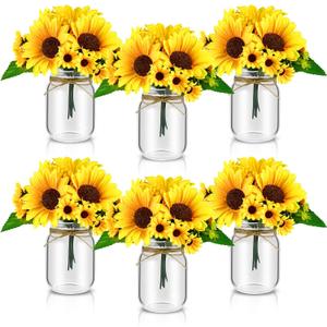 6 Set Centerpiece Table Decorations Mason Jar Table Centerpiece with Flower Mason Jar Wedding Centerpieces Vases Decor for Reception Engagement Party Bridal Shower (Sunflower)