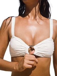 BERLOOK Women's Floral Ruched Floral Cutout Smocked Ring Bathing Bikini Top White, XL