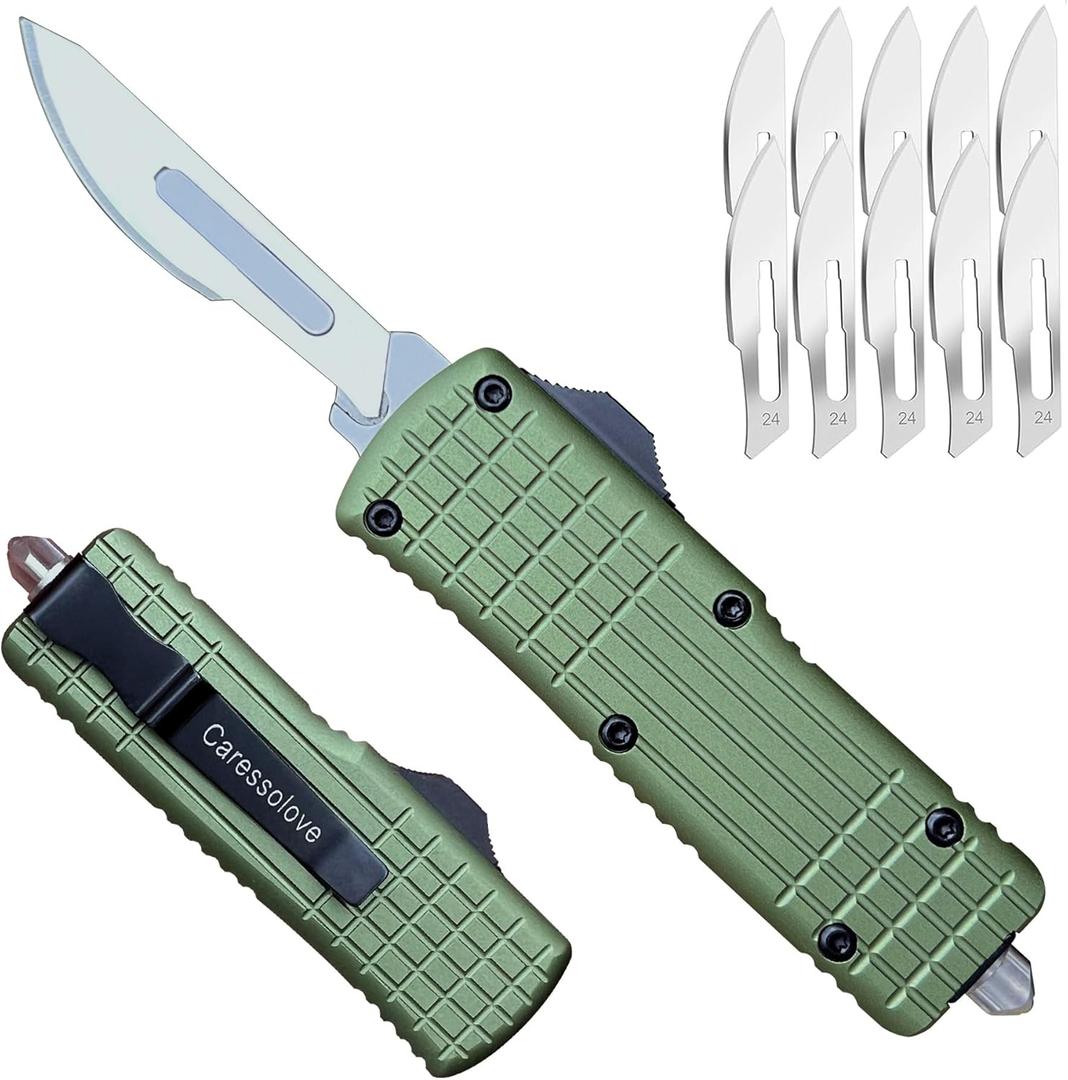 Automatic Utility Knife Push Button, EDC Pocket Boxcutters With Clip, Double Action Auto Retractable Scalpel, Small Safety Box Cutter, Replaceable Razor Blade Exact Knives for Craftsman (Green)