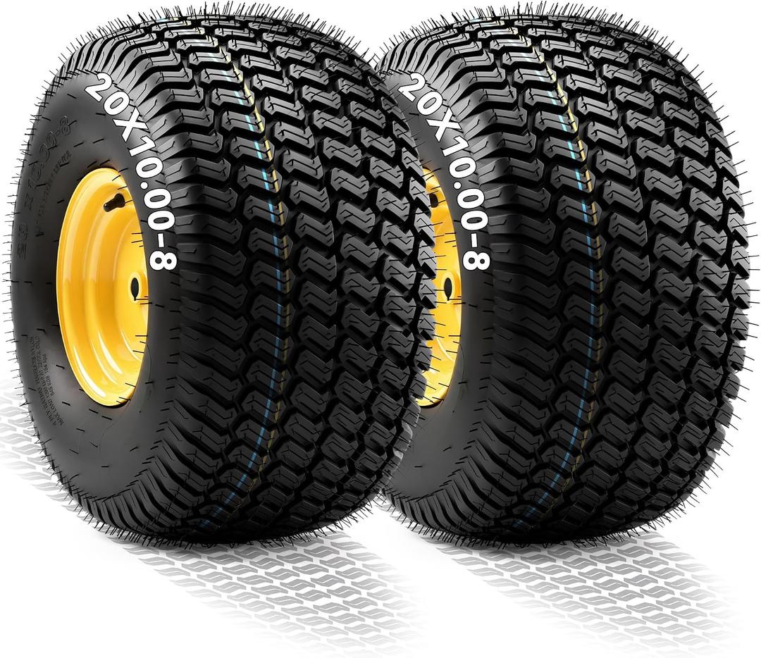 YITAMOTOR 20x10.00-8 Lawn Mower Tires & Wheel Assemblies, 4 Ply Tubeless Front Tires Replacement Fits Lawn Tractors, More Riding Mowers & Garden Vehicle | 3/4" Bore Hole, 3/16" Keyway,1200LBS (2 Pack)