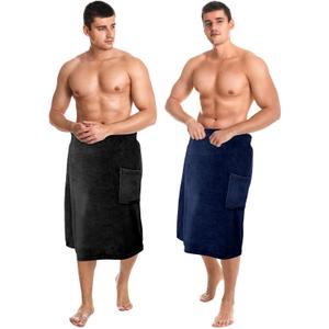 Tudomro 2 Pcs Men's Bath Wrap Towel Large Shower Adjustable Terry Body Spa Towel with Pocket After Shower Wrap for Men Gift Spa College Bath Dorm Room Gym(Black, Navy Blue), L