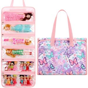 Toy Dolls Storage Bag Tote Carrying Case Compatible with LOL Surprise Toys Dolls Omg, Hanging Organizer Storage Bag with 8 Clear Window Pockets, Bag Only (03-Butterfly Purple)