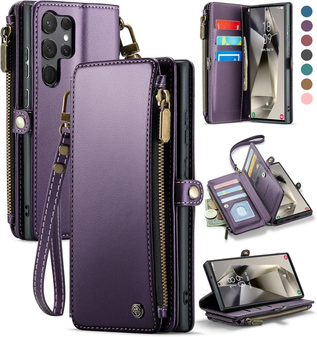 Defencase Compatible with Samsung Galaxy S23 Ultra Case Wallet with RFID Blocking Card Holder for Women Men, PU Leather Magnetic Snap Flip Zipper Strap Phone Case Fit for Galaxy S23 Ultra 5G, Purple