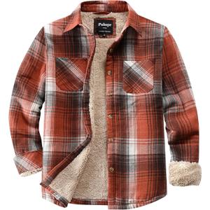 Puhope Womens Sherpa Fleece Lined Flannel Jacket Button Down Plaid Lightweight Flannel Shirt Jacket Women Orange Small