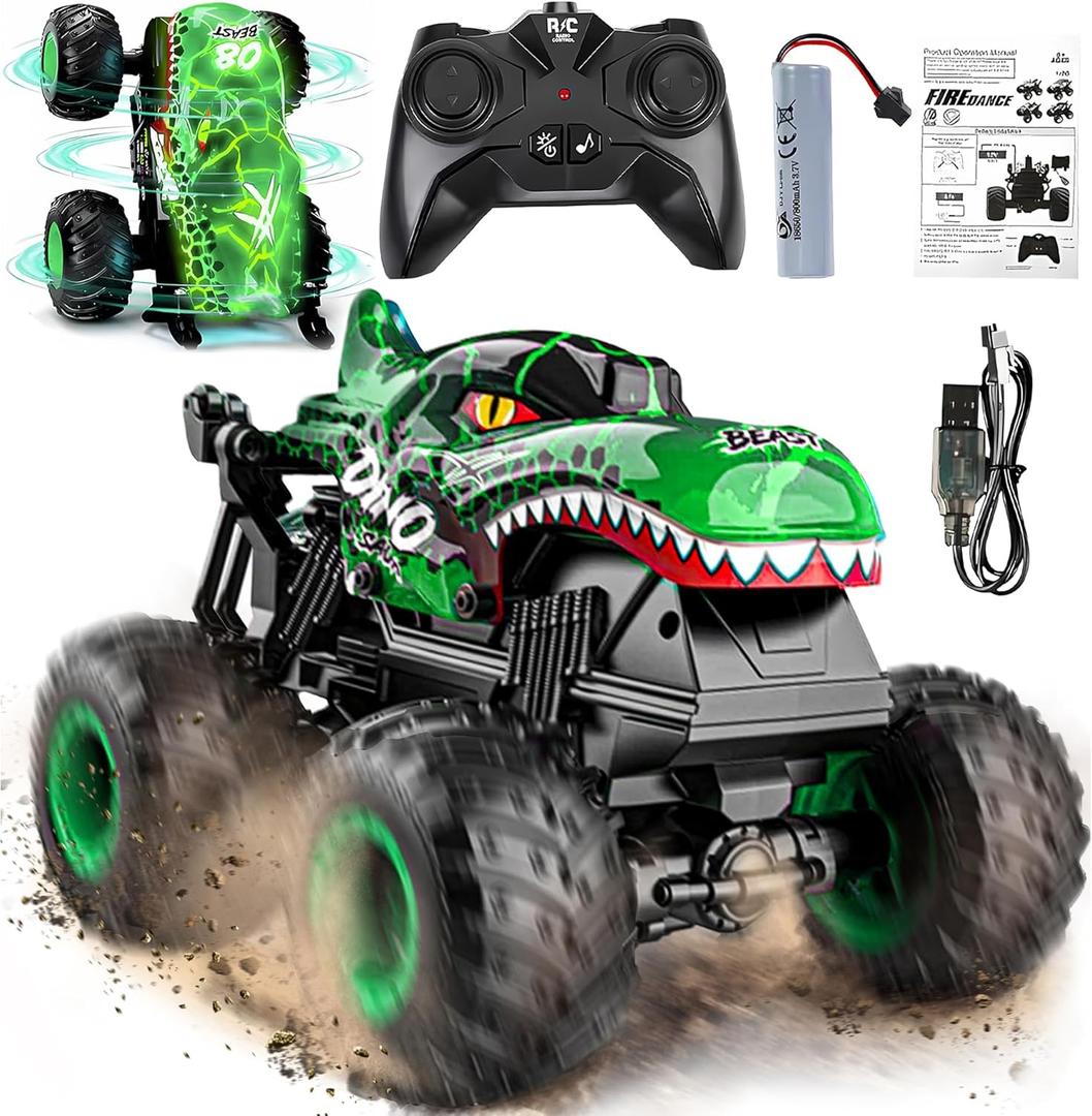 BEZGAR Monster Truck Toys - Remote Control Monster Truck with Light & Music, Dinosaur Toys for Kids, 1:20 Scale RC Truck with 360 Spins and Drifting, Remote Control Car for Boys 4-7 (Green)