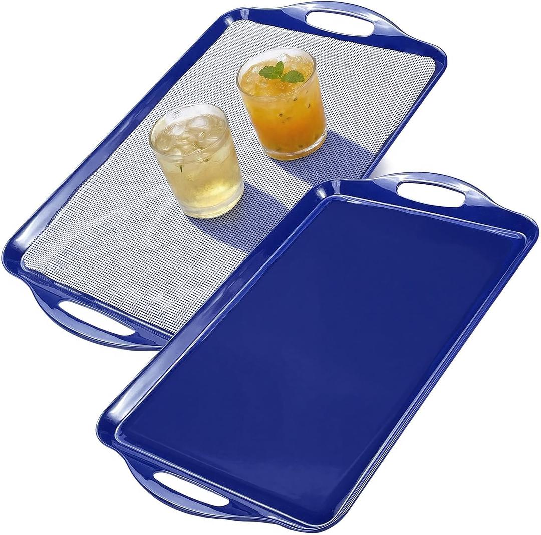 Extra Large Blue Serving Tray with Handles, 19''x11.6'' Melamine Platters, Ottoman Tray for Serving Food, Turkey, Cookie, Cupcakes, Desserts, Dishwasher Safe, Set of 2, Mats Included