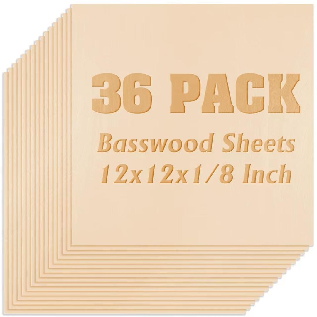36 Pack Basswood Sheets Plywood Board 1/8 Inch Unfinished Wood,3mm Plywood for Laser Cutting,Boards for Crafts for DIY Plywood Sheets Unfinished Wood Boards for Laser Cutting(12inchx12inch)