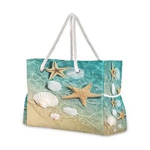 senya Large Beach Bags Totes Swim Canvas Tote Shoulder Bag Water Resistant Bags for Gym Travel Daily (Seashell on Beach)