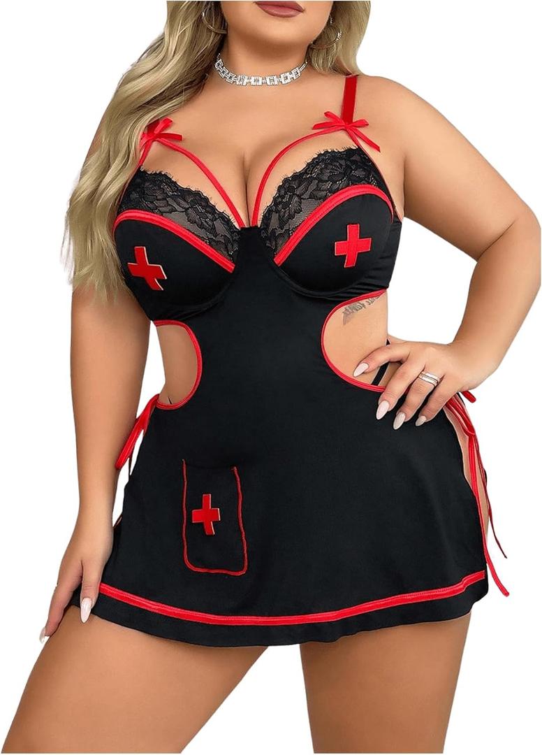 WDIRARA Women's Plus Size 3 Piece Babydoll Lingerie Set Nurse Roleplay Costume Side Tie Lace Cutout Nightdress (XX-Large Plus, Black)
