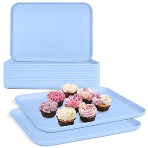 Plastic Serving Trays, 12 Pack Cafeteria Trays Plastic Fast Food Tray for DIY Projects, Painting, Beads, Organizing Supply, 9.4 X 6.7 X 0.6 Inches (Light Blue)