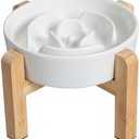 Elevated Slow Feeder Dog Bowl - Ceramic Maze Food Dish with Bamboo Stand - Raised Feeding Bowl for Fast Eaters - Ideal for Small and Medium Dogs - White - 6.7 inch