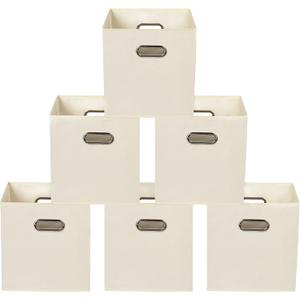 Yunkeeeper storage bins Cubes, Fabric Cube Organizer with Handle, Foldable Cube Bins for Cloth or Accessary Storage, 11x11x11, Set of 6, (Creamy White)